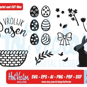 May include: Black and white digital design cut files for a Dutch Easter celebration. The design includes the text "Vrolijk Pasen", which means "Happy Easter" in Dutch, a basket, eggs, flowers, a bunny, and a bow.