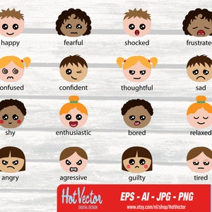 Emoticon per bambini educativi clipart digitale, grafica emoji per uso personale e commerciale, download istantaneo, file di clip art per artigiani
