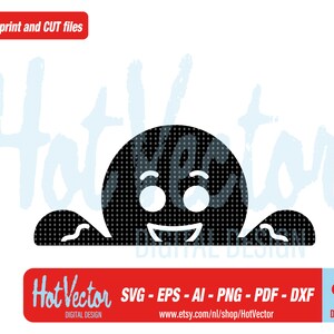 May include: Black and white digital illustration of a smiling face peeking out from behind a wall. The text "Hot Vector" is written in a stylized font below the image.