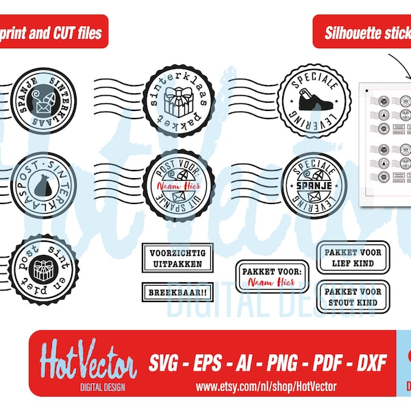 Sinterklaas post stempels clipart set, Sint plotter image, ai, eps, png, svg, dxf, pdf, instant download, clip art cut file for crafters