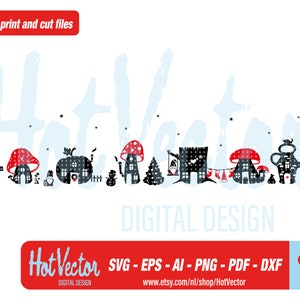 Puede incluir: Un dise&ntilde;o digital que presenta una fila de casas blancas y negras con techos de hongo rojo. Las casas est&aacute;n decoradas con luces navide&ntilde;as, un mu&ntilde;eco de nieve, un gnomo y un &aacute;rbol de Navidad. El texto "Hot Vector" est&aacute; escrito en rojo y blanco en la parte inferior de la imagen.
