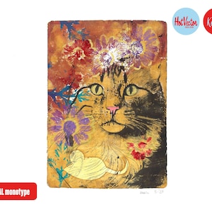 ORIGINAL Monotype Gelli Print, portrait de chat avec des fleurs, titre : Floral Hunter