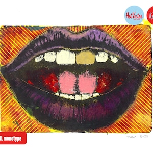 Stampa Gelli Monotype ORIGINALE, bocca, labbra, dente d'oro, titolo: Golden Gossip