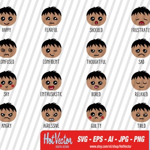 Clipart digital de emoticonos de niño educativo, gráfico de emoji para uso personal y comercial, descarga instantánea, archivo de imágenes prediseñadas para artesanos