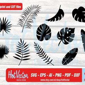 Tropische boom bladeren digitale clipart bundel, svg, dxf, png, ai, eps, pdf, gratis commercieel gebruik, instant download, clip art silhouet gesneden bestand