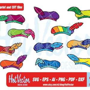 May include: Set of ten colourful cartoon hats with feathers. The hats are in various colours, including red, orange, yellow, green, blue, purple, and rainbow. The hats are all in the same style, with a rounded top and a brim. Each hat has a feather on top.