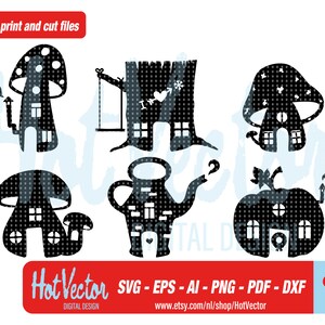 Puede incluir: Conjunto de seis ilustraciones en silueta en blanco y negro de casas caprichosas. Las casas tienen forma de hongo, tetera, &aacute;rbol, calabaza y dos hongos m&aacute;s. Las ilustraciones son perfectas para proyectos de manualidades, scrapbooking y dise&ntilde;o digital.