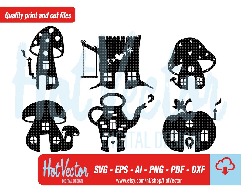 Puede incluir: Conjunto de seis ilustraciones en silueta en blanco y negro de casas caprichosas. Las casas tienen forma de hongo, tetera, &aacute;rbol, calabaza y dos hongos m&aacute;s. Las ilustraciones son perfectas para proyectos de manualidades, scrapbooking y dise&ntilde;o digital.