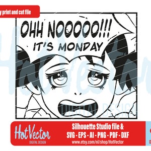 Clipart numérique anime manga Monday girl, svg, dxf, png, ai, eps, pdf, silhouette, usage commercial gratuit, téléchargement immédiat, fichier de coupe impression bricolage
