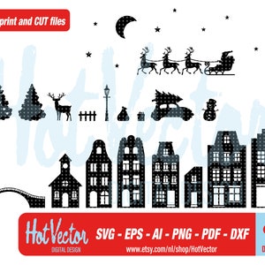 Conjunto de imágenes prediseñadas digitales de pueblo navideño, archivos de impresión de plotter casas de canales holandeses, svg, dxf, png, eps, ai, uso comercial gratuito, descarga instantánea