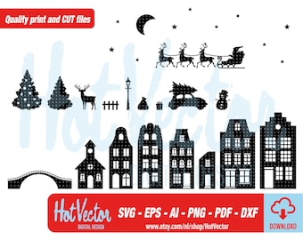 Christmas village digital clipart set, plotter print files Dutch canal houses, svg, dxf, png, eps, ai, free commercial use, instant download