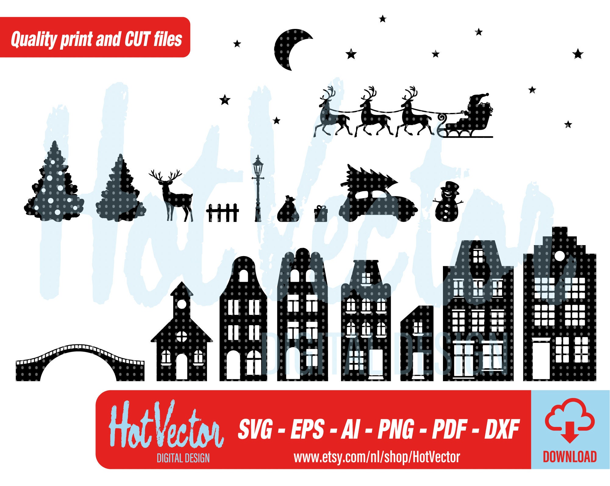 Download Christmas Village Digital Clipart Set Plotter Print Files Dutch Canal Houses Svg Dxf Png Eps Ai Free Commercial Use Instant Download