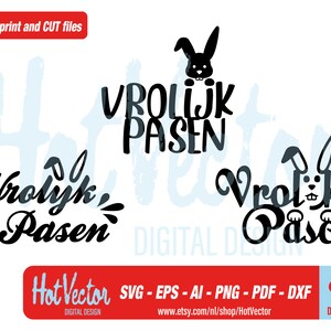 May include: A digital design file for a Happy Easter greeting in Dutch, featuring the text "Vrolijk Pasen" in a stylized font. The design includes a bunny rabbit illustration.