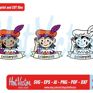 May include: Three variations of a cartoon illustration of a character with a black eye patch and a purple hat, wearing a white shirt with a purple collar and a yellow ribbon that says "Luisterpiet".