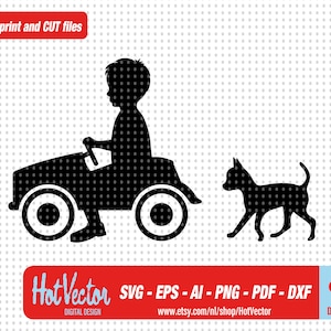 jongen op rit op auto met kleine hond silhouet clipart, gesneden afdrukbestand voor hobbyisten, gratis commercieel gebruik, instant download