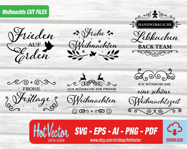 Puede incluir: Un conjunto de seis archivos de corte SVG de tem&aacute;tica navide&ntilde;a en blanco y negro. Los dise&ntilde;os incluyen "Frieden auf Erden", "Frohe Weihnachten", "Handwerkliche Lebkuchen Back Team", "Frohe Festtage", "Ich w&uuml;nsche dir frohe Weihnachten" y "Ich w&uuml;nsche dir eine sch&ouml;ne Weihnachtszeit".