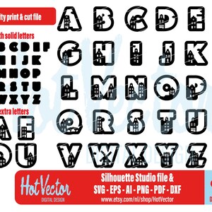 May include: Black and white alphabet letters with a house design. The letters are in uppercase and are arranged in alphabetical order. The letters are for use with a Silhouette Studio cutting machine. The text "Quality print & cut file" and "with solid letters" is at the top of the image. The text "extra letters" is in the middle of the image. The text "Silhouette Studio file & SVG - EPS - AI - PNG - PDF - DXF" is at the bottom of the image. The text "Hot Vector Digital Design" is in the bottom left corner of the image. The text "www.etsy.com/nl/shop/HotVector" is in the bottom right corner of the image. The text "DOWNLOAD" is in the bottom right corner of the image.