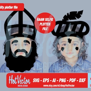 May include: Two children's photo booth props, one is a black silhouette of a bishop's hat and beard, the other is a black silhouette of a crown with a feather. The text "RAAM SELFIE PLOTTER FILE" is in red on a white circle.