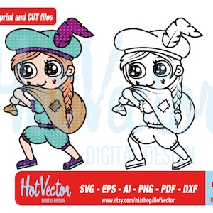 May include: A digital illustration of a cartoon girl wearing a blue and purple hat with a feather, carrying a brown sack on her back. The illustration is available in colour and black and white.