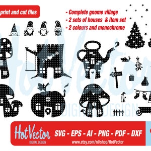 Kabouters Kerstdorp digitale clipart set, plotter print bestanden, svg, dxf, png, eps, ai, gratis commercieel gebruik, instant download
