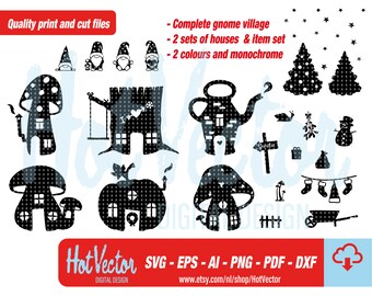 Gnomes Christmas village digital clipart set, plotter print files, svg, dxf, png, eps, ai, free commercial use, instant download