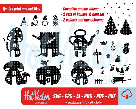 Gnomes Christmas village digital clipart set, plotter print files, svg, dxf, png, eps, ai, free commercial use, instant download