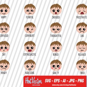 Clipart digital de emoticonos de niño educativo, gráfico de emoji para uso personal y comercial, descarga instantánea, archivo de imágenes prediseñadas para artesanos