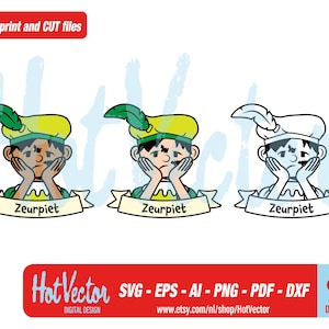 May include: Three cartoon illustrations of a character with a green hat and a yellow, green, and white shirt. The character is holding their head in their hands and has a sad expression. The text "Zeurpiet" is written on a banner below each character.