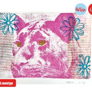 ORIGINAL Monotype Gelli Print, oeil pop art, titre : Panthère rose