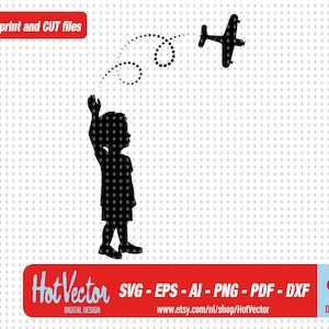 Junge wirft Spielzeug Flugzeug digitale Silhouette Clipart, geschnittene Druckdatei für Bastler, kostenlose kommerzielle Nutzung, sofortiger Download
