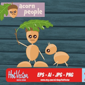 Autumn rain illustration, quality print file, acorn people digital clipart download, ai, eps, png, jpg - free commercial use