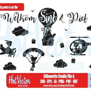 May include: Black and white digital design featuring a hot air balloon, airplane, helicopter, and a person parachuting. The design includes the text "Welkom Sint & Piet" and the Hot Vector Digital Design logo.