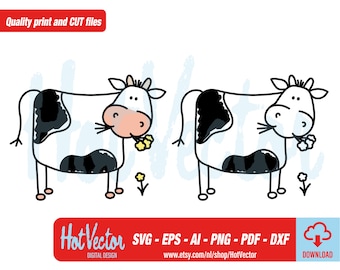 Cute Doodle Cow Clipart, Vector Cut Files (Digital Download)