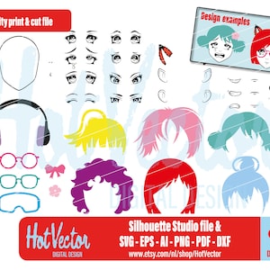 Anime manga meisje digitale clipart set, svg, dxf, png, ai, eps, pdf, silhouet, gratis commercieel gebruik, instant download, diy afdrukbestand