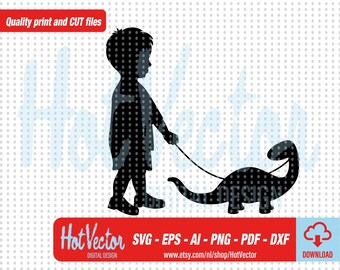 Boy Walking Dino Silhouette Clipart: SVG, PNG, PDF (Digital Download)