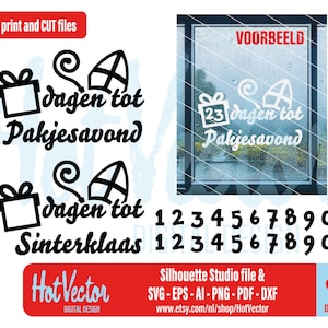 May include: Digital design in black and white with Dutch text, including "dagen tot Pakjesavond" and "Sinterklaas". The design features gift boxes, a hat, and numbers 1-9. The design is for print and cut files.