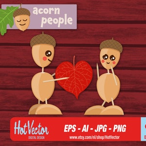 Autumn love illustration, quality print file, acorn people digital clipart download, ai, eps, png, jpg - free commercial use