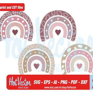 May include: Set of three rainbow designs with different patterns. Each rainbow has a heart in the centre and is in shades of pink, brown, and beige. The patterns include leaves, stars, and clouds.