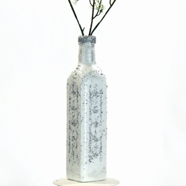 Awesome Upcycled Square Wine Bottle Vase – White with Silver Glitter Minimalist Centerpiece, Housewarming Hostess Gift, Mother’s Day Present