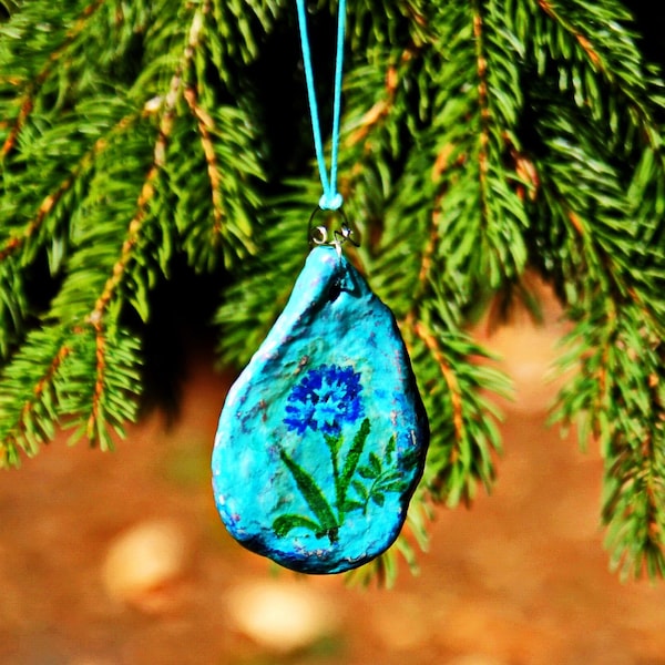 Blue Flower Decoupage Pendant; Paper Maché Shabby Chic Turquoise Choker; Handcrafted Paper Clay, Lovely Teal Charm; Mommy Mother's Day Gift