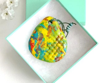 Acrylic pour necklace, Large paper mache pendant, Unique colorful choker, Huge yellow teal red paint pour charm, Light weight keyring holder