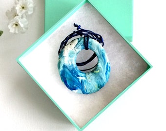 Paper mache pendant, Acrylic pour donut necklace charm marbled hand painted, Ocean blue white doughnut pendent, Perfect 3rd anniversary gift