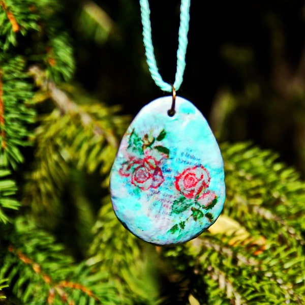 Decoupage Pendant Necklace with 2 Roses, Delicate Floral Cerulean Charm. Best Sweet 16th Niece Gift. Romantic Birthday Present for New Mom.