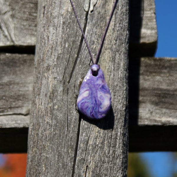 Paper Mache Clay Necklace, Unique Men’s White Violet Marbled Charm. Unisex Handmade Lightweight Pendant, Birthday Present for Guy Boyfriend.