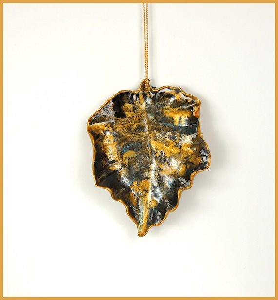 Gold Black Leaf Bowl: Decorative Wall Hanging; Large Jewelry Tray; Paper Mache Clay