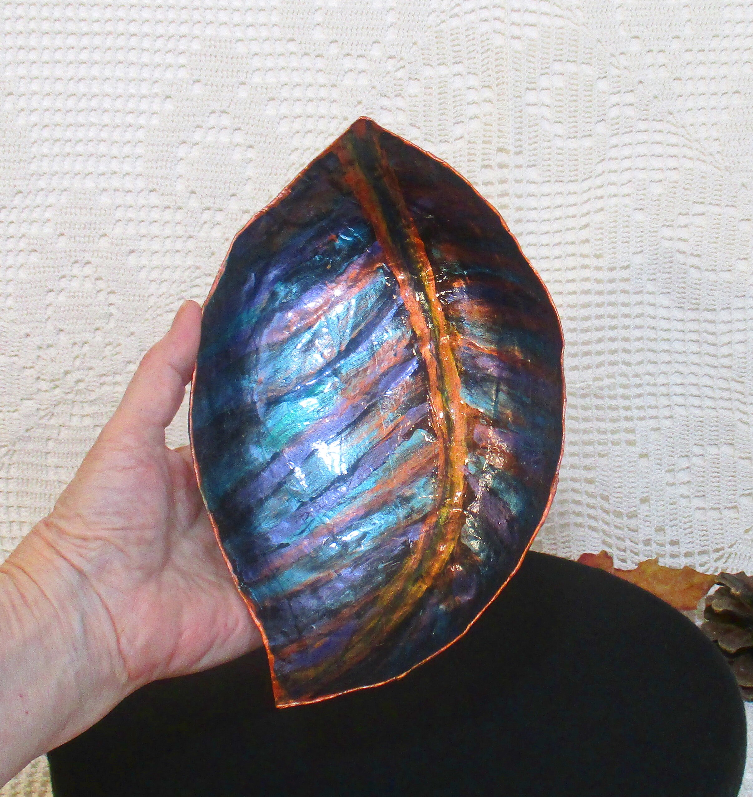 Colorful Bowl Leaf Shaped, Paper Mache Oval Sculpture With Metallic ...