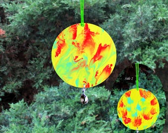 Carillon éolien rétro bohème : attrape-soleil hippie réversible, CD recyclé marbré à la main
