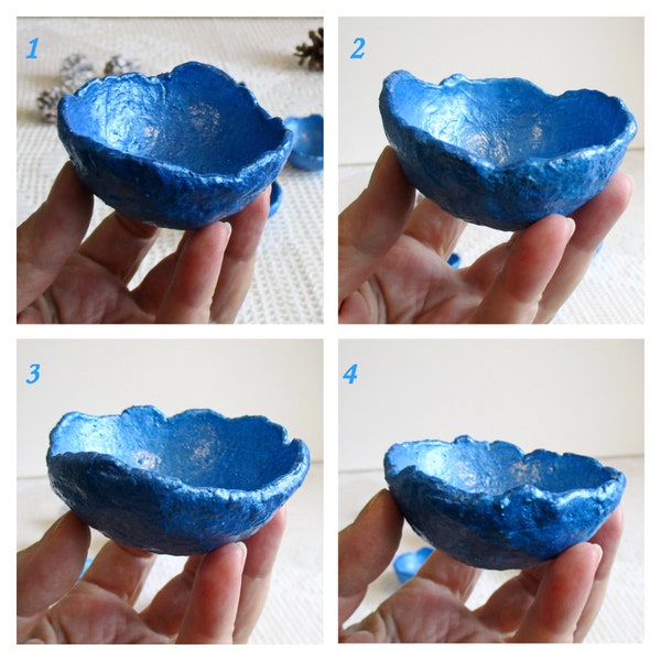 Wabi Sabi Paper Mache Clay Bowls with Wavy Edge, Small Tables Iridescent Accent, Homemade from Recycled Paper, Cute Mini Gift for Girls Room