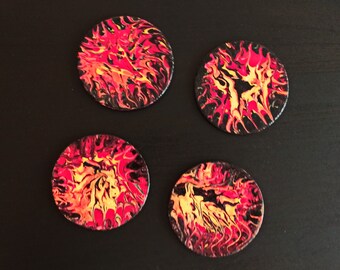 Paint pour round cork coasters red yellow black, Christmas party hostess gift for mum bartender, Upcycled 2-sided hand painted, reversible