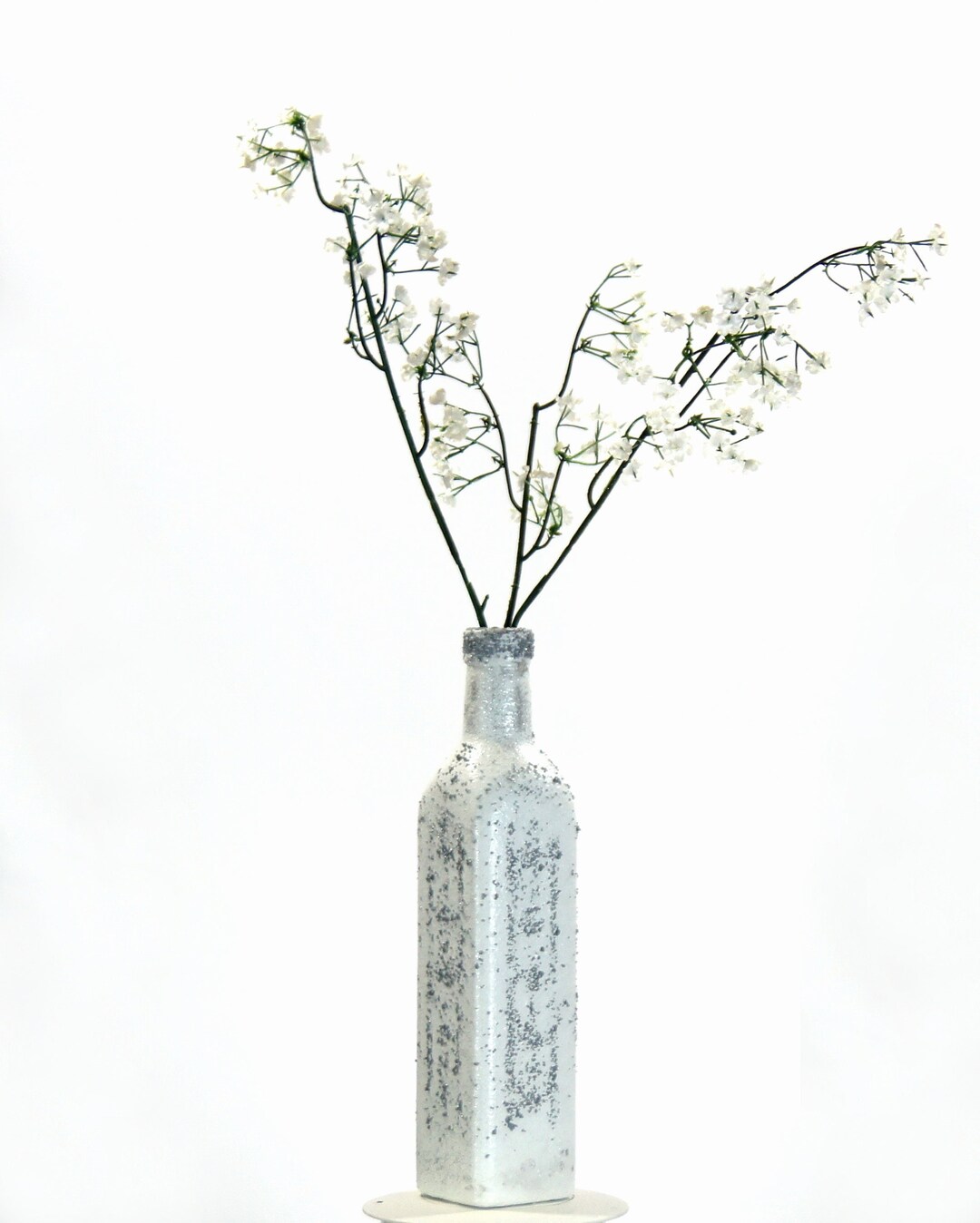 Square Glass Bottle Vase Silver Glittered Minimalist White Etsy